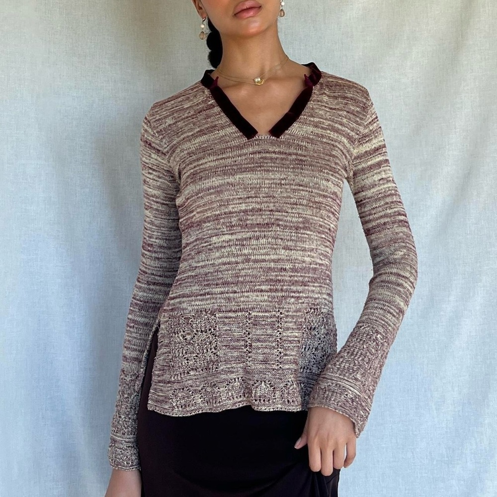 90’s/y2k whimsigoth knit sweater in tan and maroon
